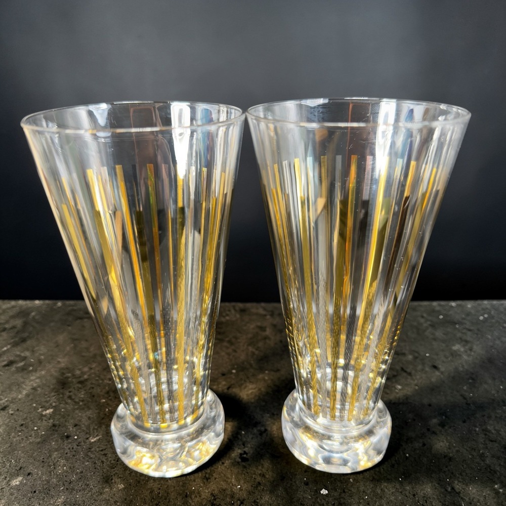 Vintage Mid Century Gold Silver Striped Footed Pilsner Cups Glasses Set of 2 VTG